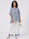 Corvielle | Sophisticated Blue Striped Top & Hem-Detailed Pants