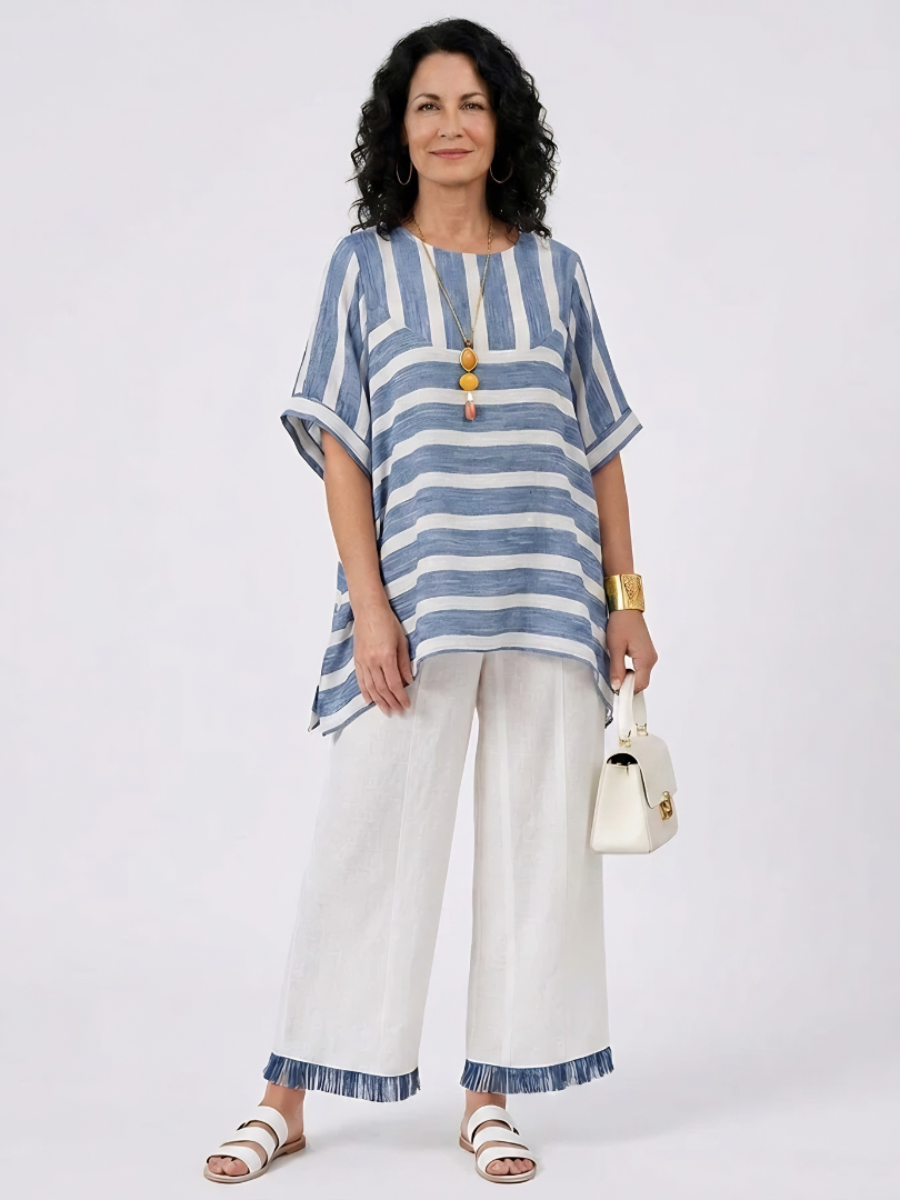 Corvielle | Sophisticated Blue Striped Top & Hem-Detailed Pants