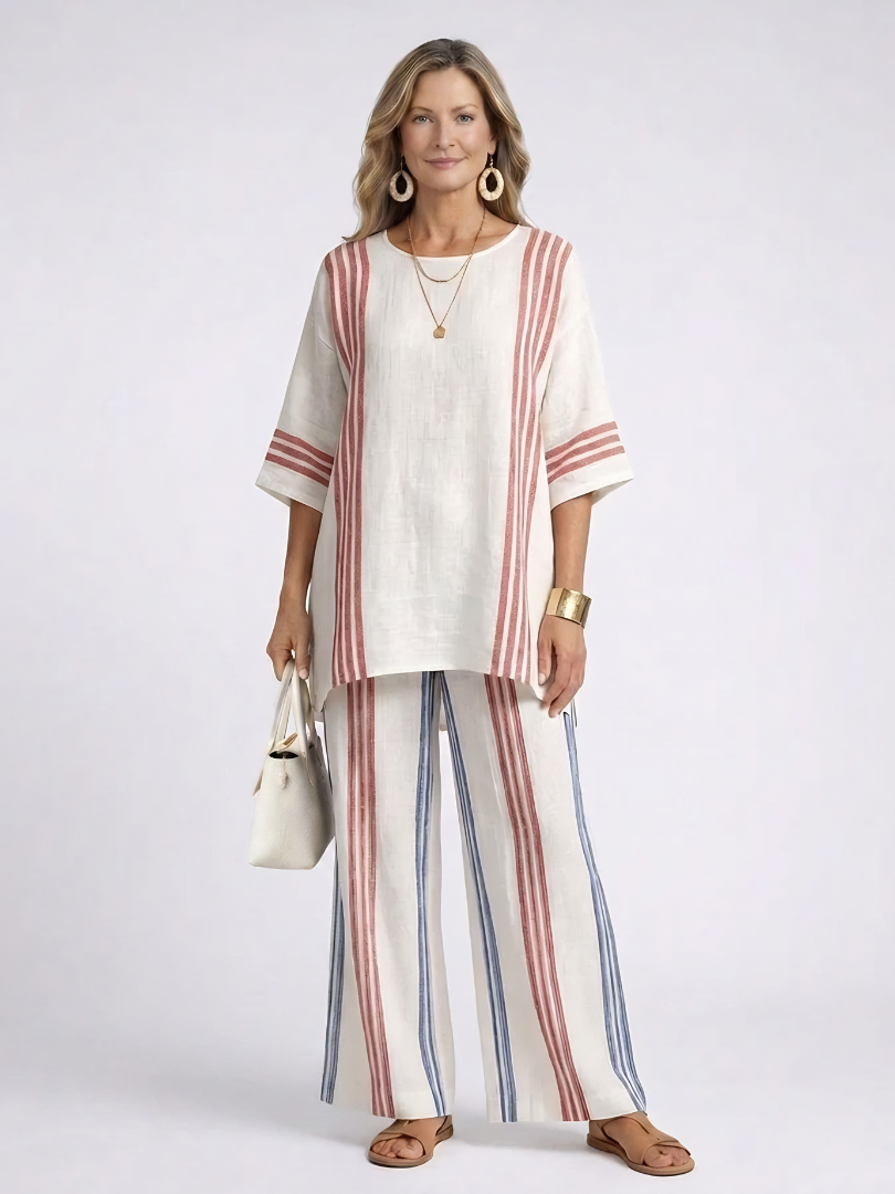 Solvane | Sophisticated Multicolor Striped Top & Mediterranean Pants