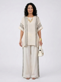 Greysen | Elegant Ivory Linen Blouse & Black Striped Pants