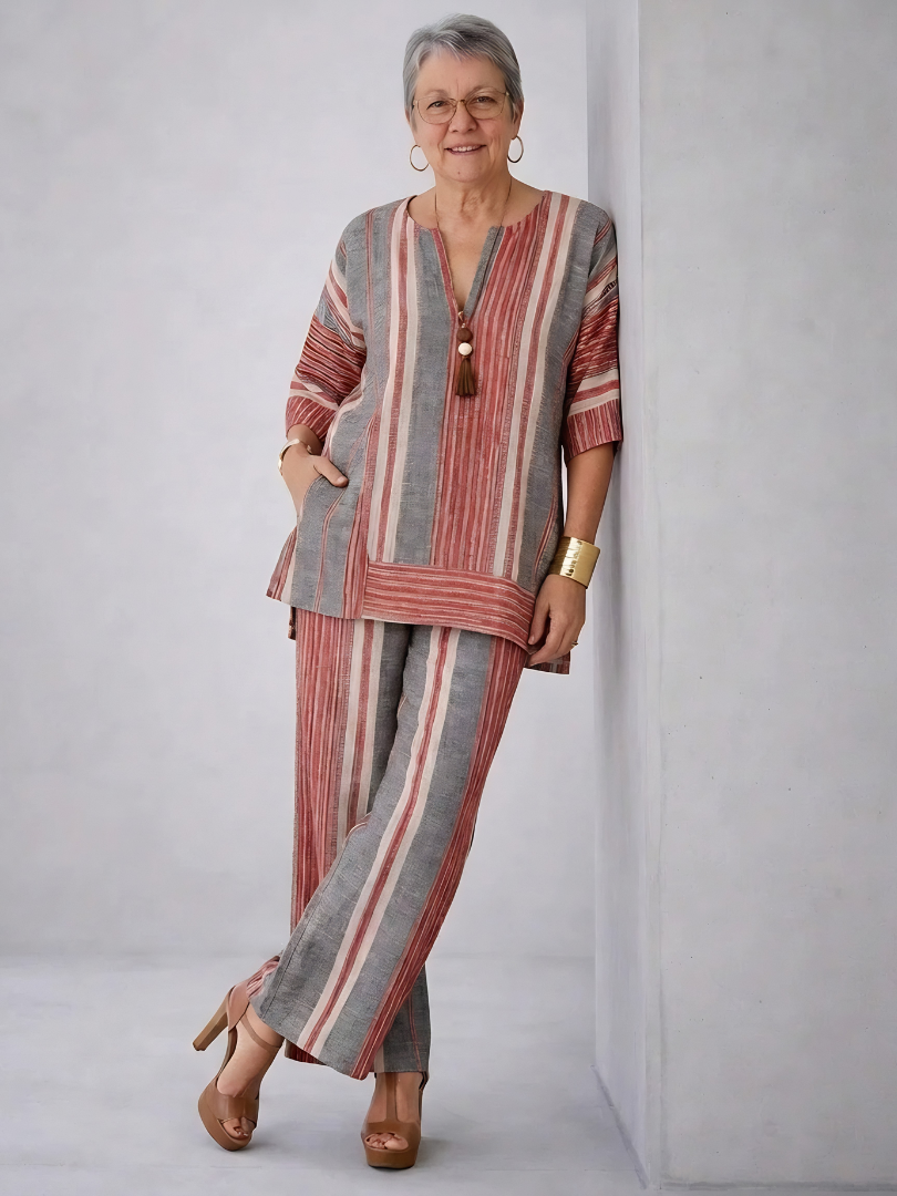 Bravine | Elegant Coral-Gray Linen Top & Wide-Leg Pants