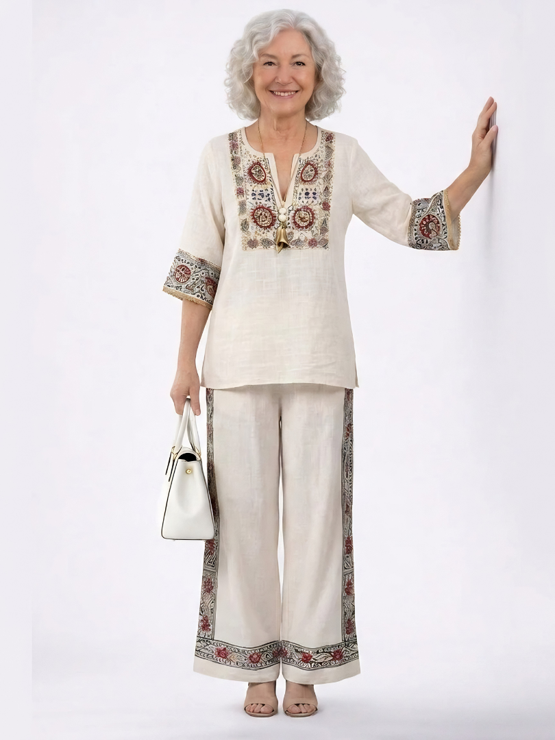 Tameric | Sophisticated Embroidered Raw Blouse & Wide Pants