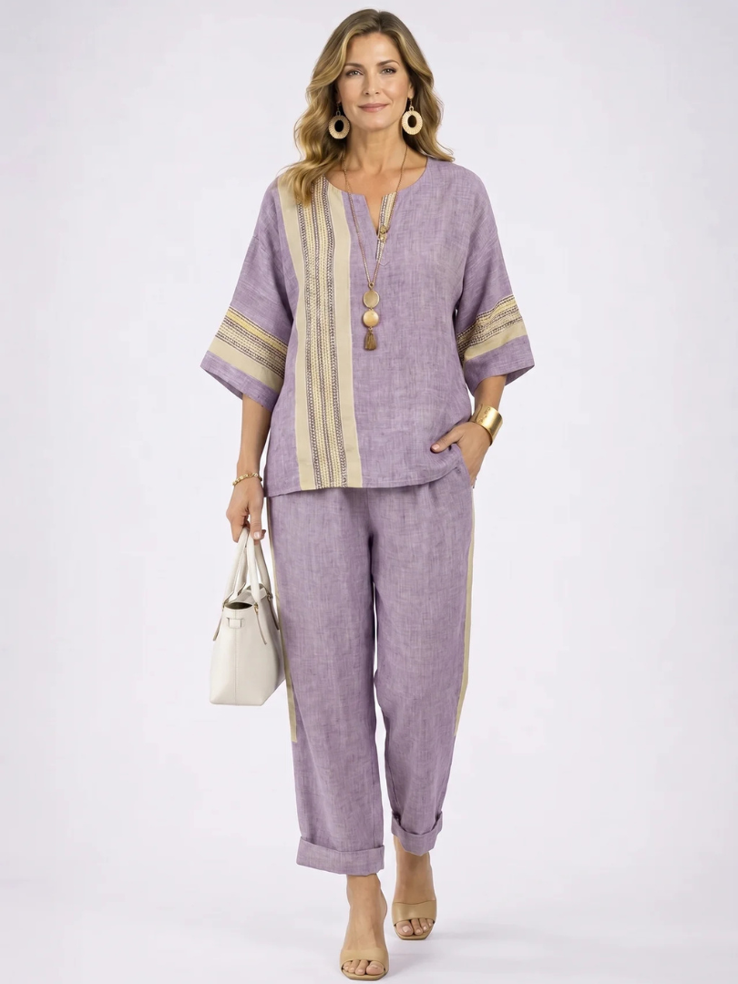 Elowric | Elegant Lavender Top & Mustard Striped Pants