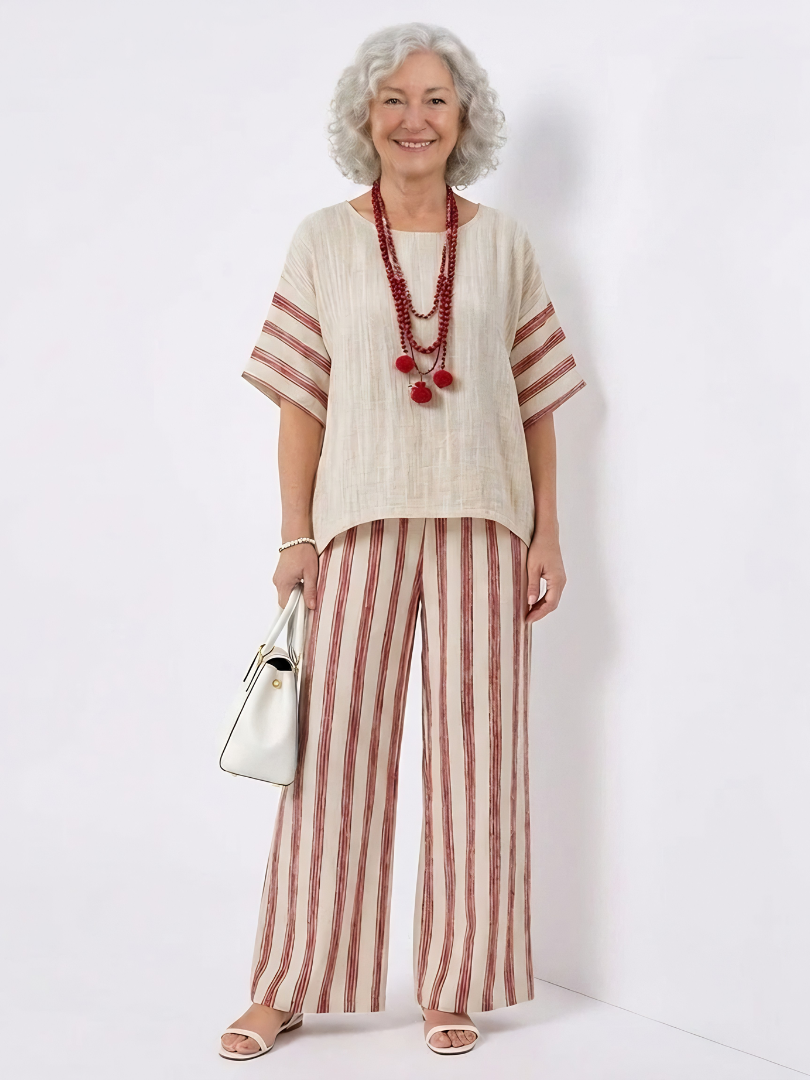 Braelith | Elegant Rustic Striped Top & Cream Linen Pants