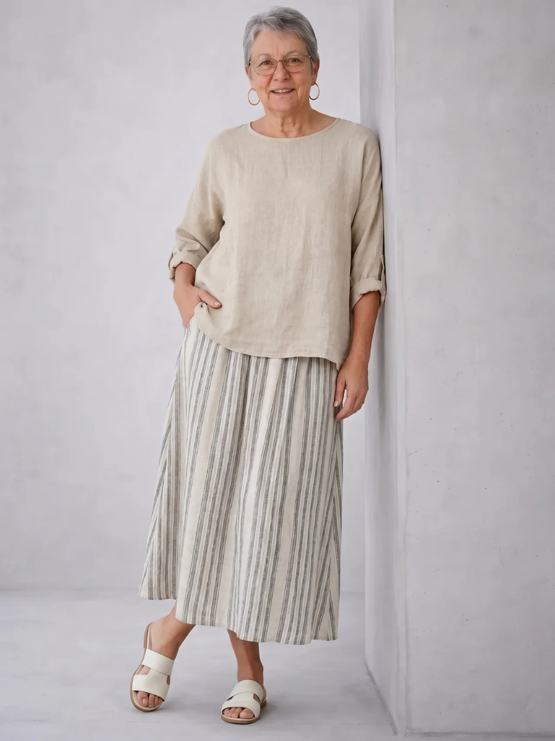 Aurcyn | Comfortable Loose Blouse & Striped Midi Skirt