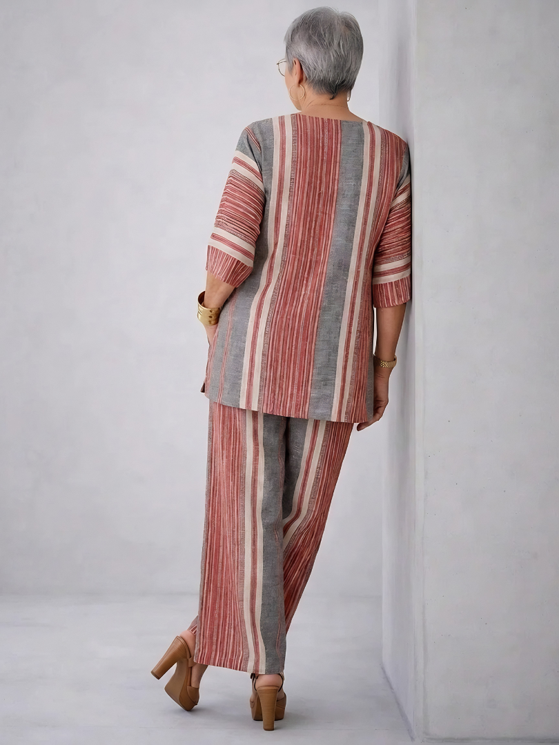 Bravine | Elegant Coral-Gray Linen Top & Wide-Leg Pants
