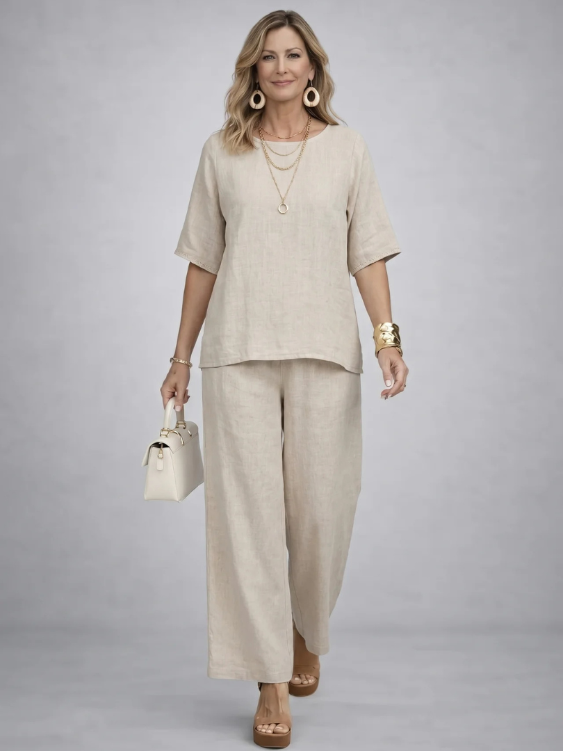 Drevon | Comfortable Minimalist Raw Blouse & Wide-Leg Pants