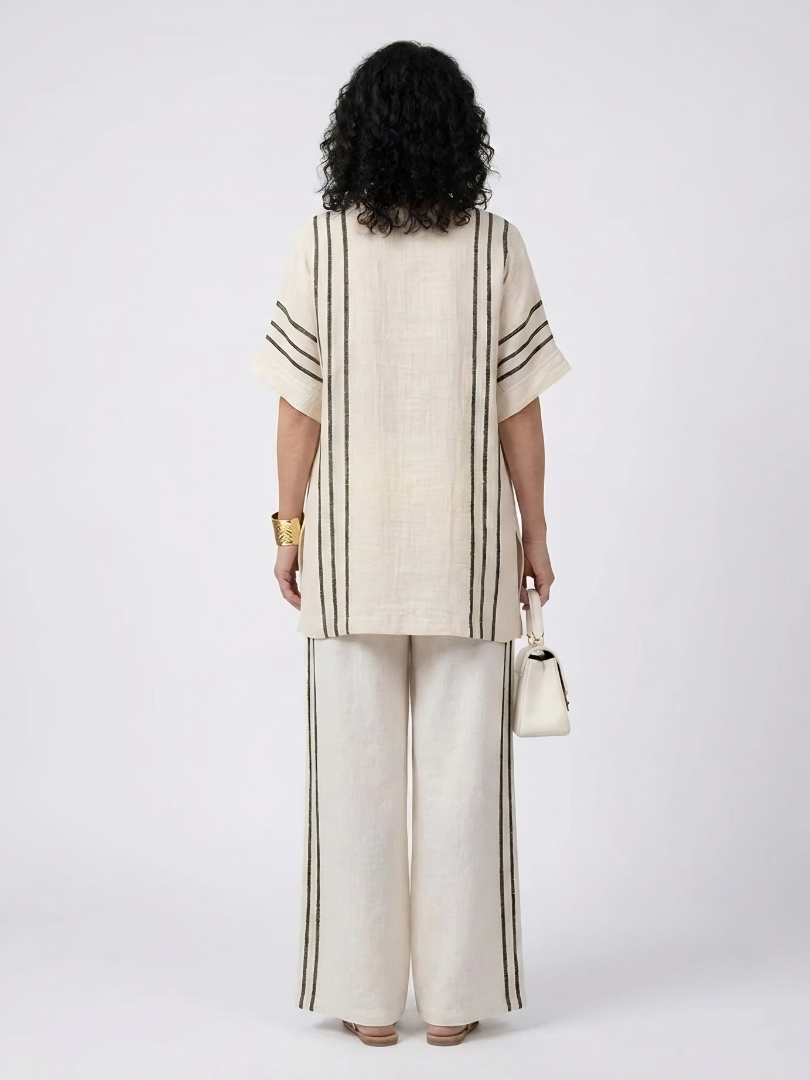 Greysen | Elegant Ivory Linen Blouse & Black Striped Pants
