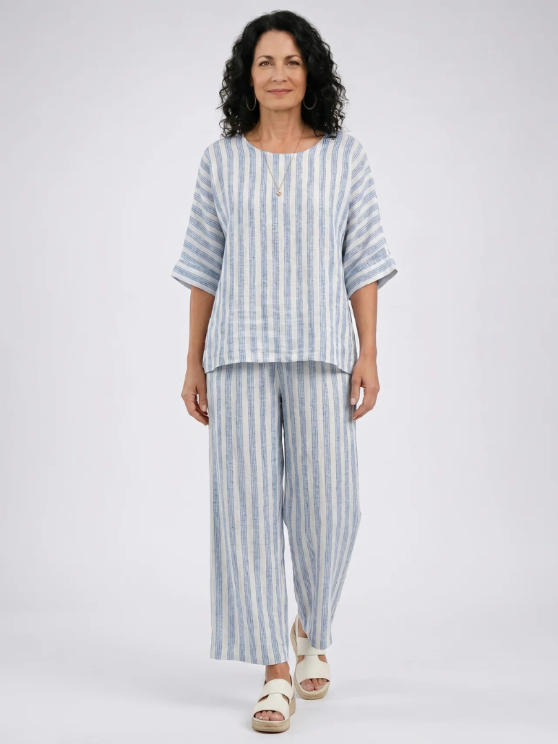 Rensleigh | Sophisticated Blue Striped Linen Top & Relaxed Pants
