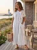 Elaris | Short Sleeve Striped Tie Neck Pocket Midi Dress
