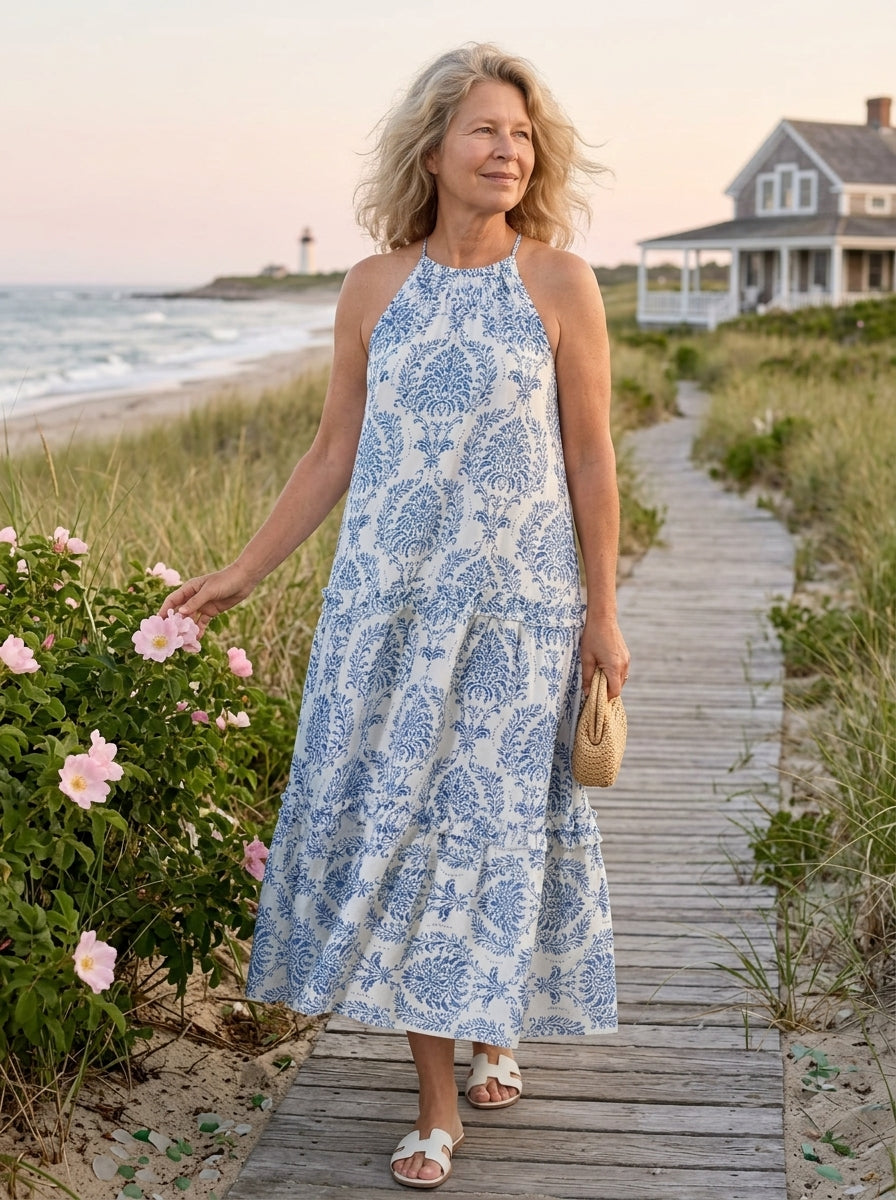 Isadora | Sleeveless High Neck Tiered Midi Dress