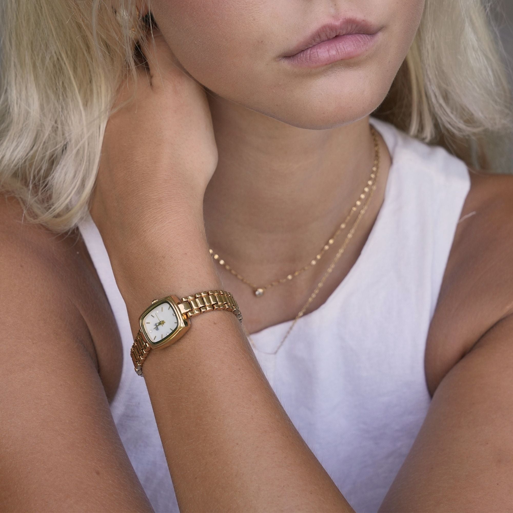 Elegant Women's Watch Gold Rectangular Design with Pearl White Dial