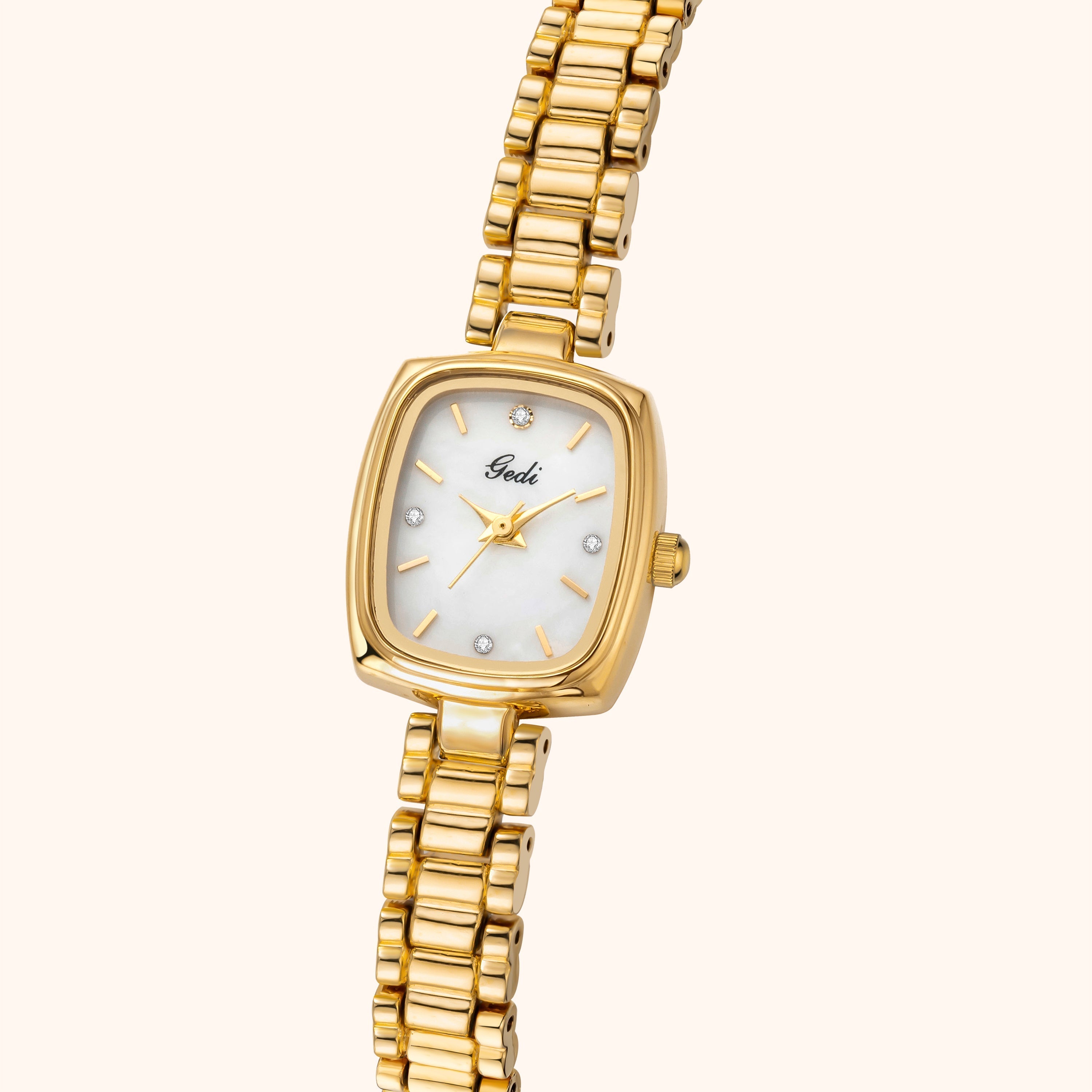 Elegant Women's Watch Gold Rectangular Design with Pearl White Dial