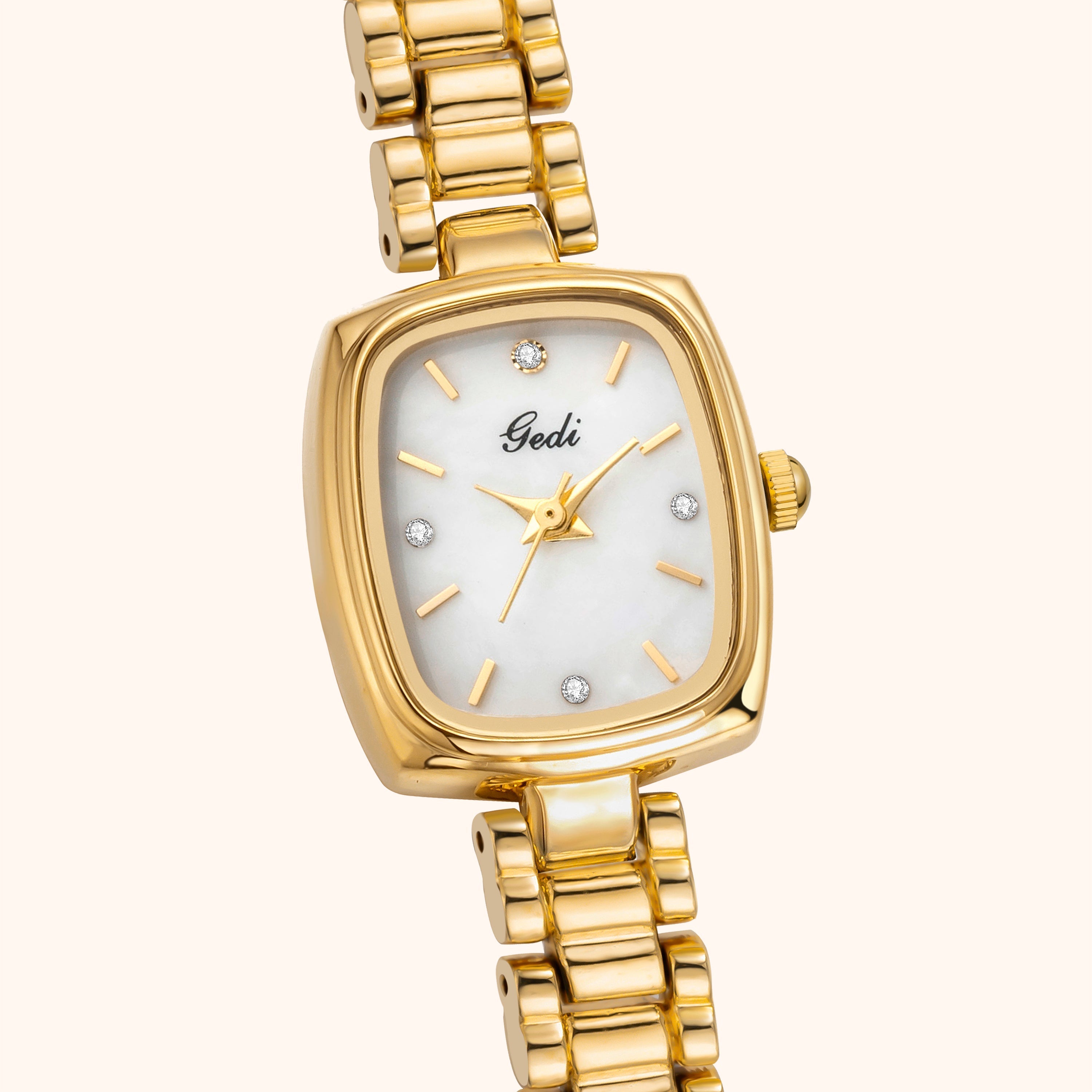Elegant Women's Watch Gold Rectangular Design with Pearl White Dial