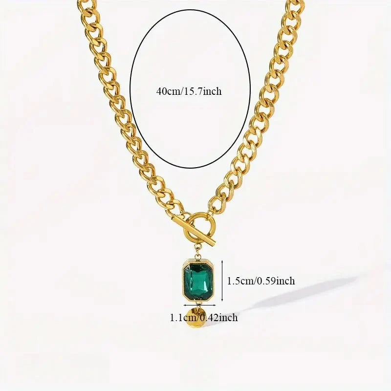 Chunky Chain Emerald Gold  Pendant Necklace