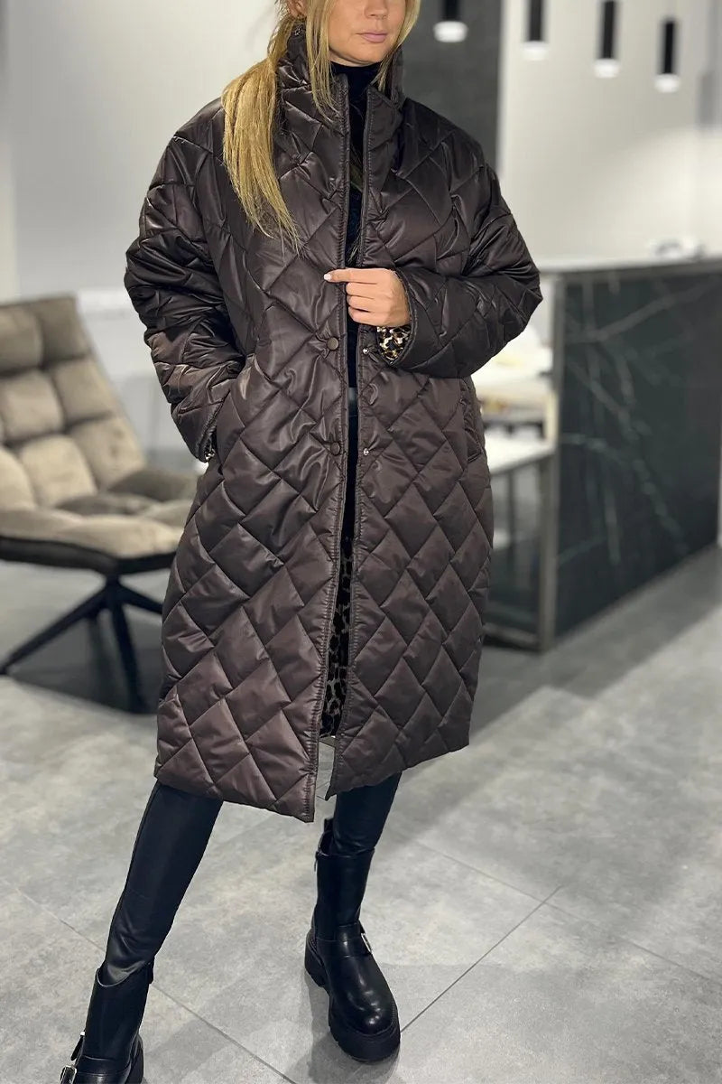 Kendall – Quilted Mid-Length Coat with Leopard Lining